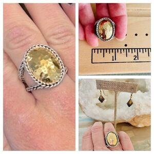 Two Tone Gold Vermeil Split Shank Oval Hammered Braided Silver Ring & Earrings